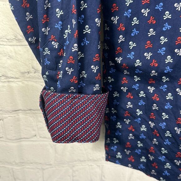 Johnston & Murphy Skull Shirt Mens Medium Blue Crossbones All Over Print AOP - Picture 3 of 9